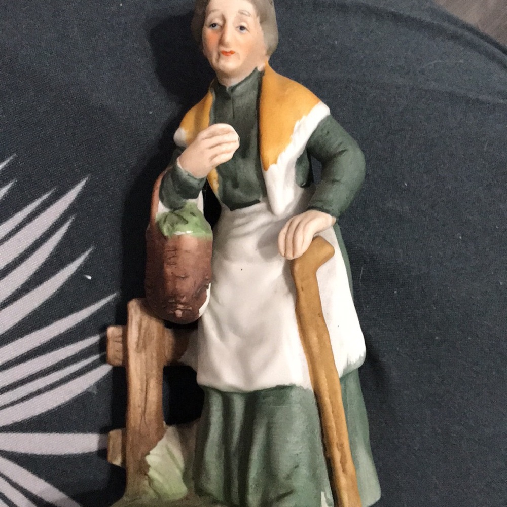 Hand-Painted Green and White Ceramic Farm Woman Figurine